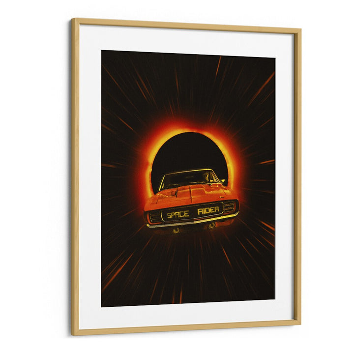 SPACE RIDER, SURREAL ART PRINTS showcase a vibrant orange car against a cosmic backdrop, perfect for unique home decor.