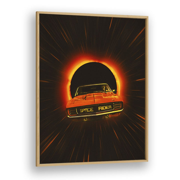 Vibrant SPACE RIDER, SURREAL ART PRINTS showcasing a car in a cosmic tunnel, perfect for any modern decor by Taudalpoi.