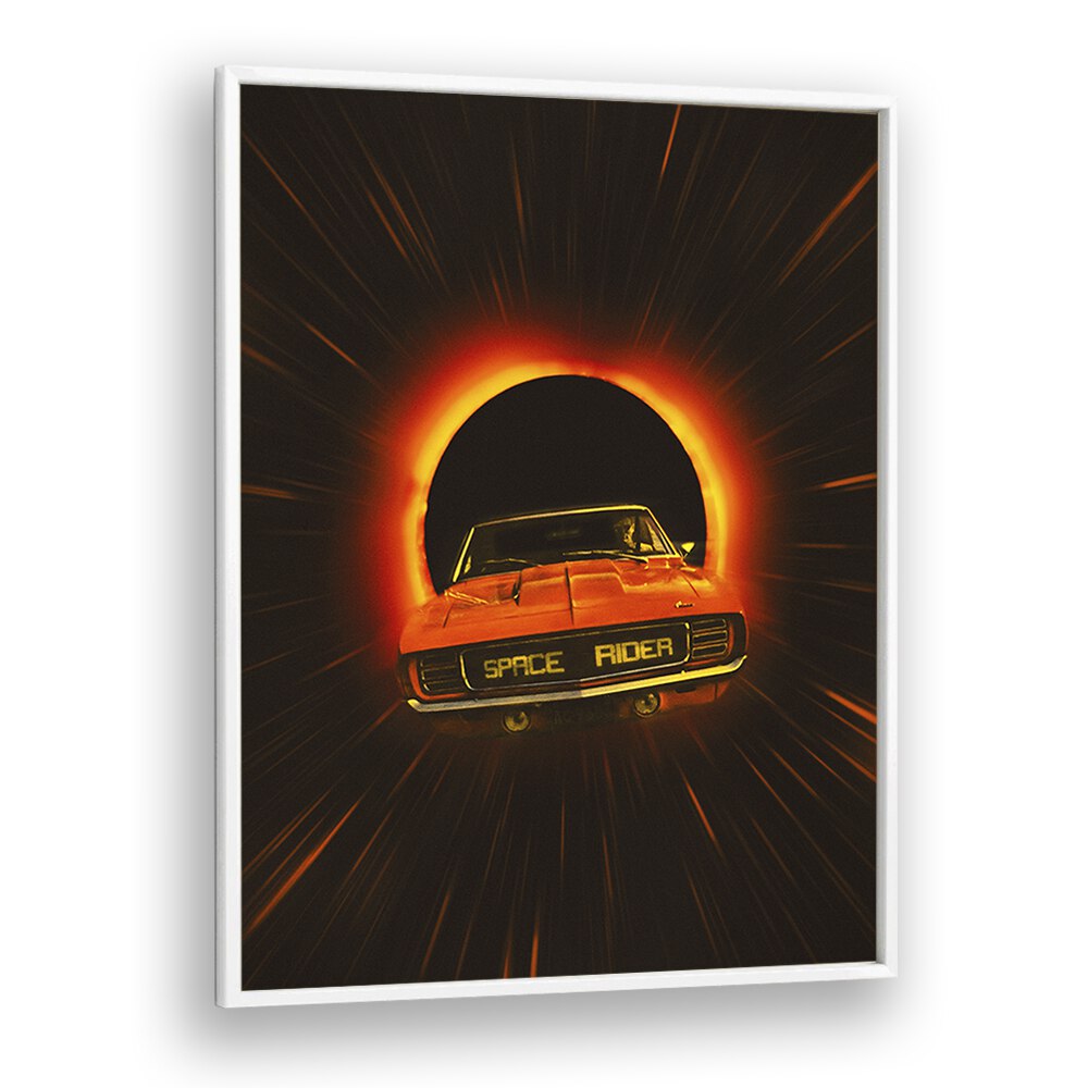 Vibrant SPACE RIDER, SURREAL ART PRINTS showcasing a classic car racing through a cosmic portal for stunning decor.