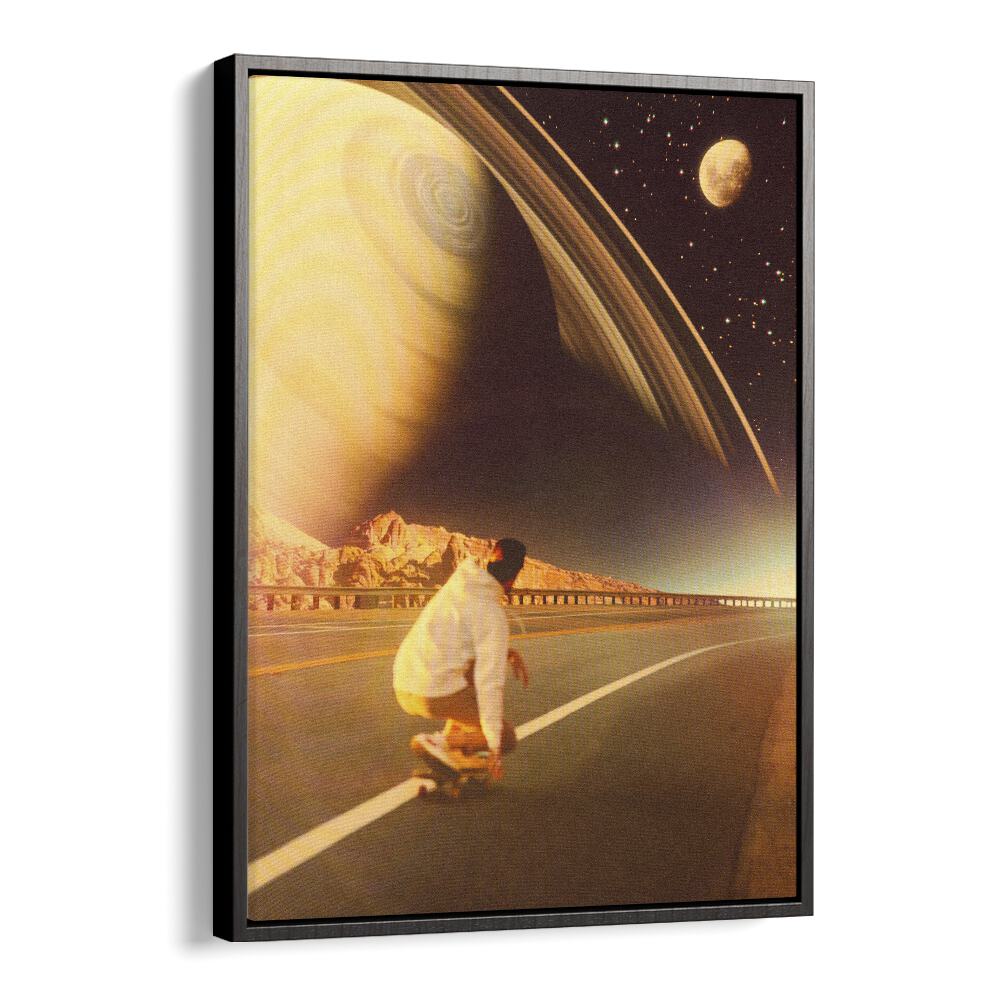 Surreal art print "SPACE SK8E" by Taudalpoi features a skater under cosmic skies, perfect for unique decor.
