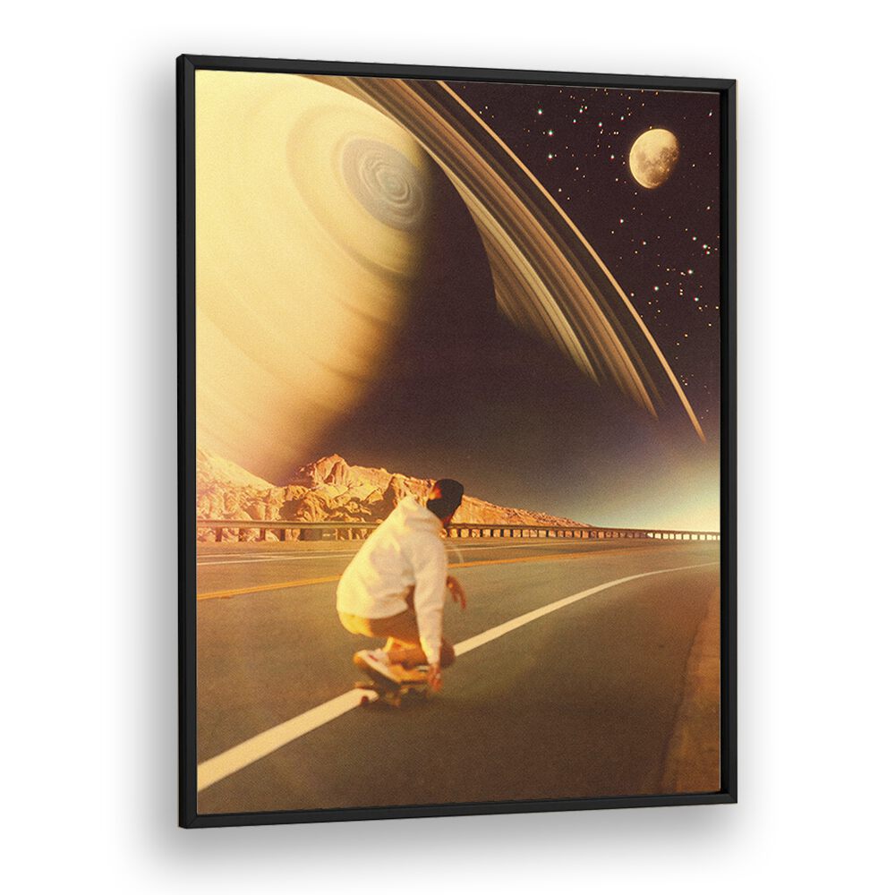 Surreal art print "SPACE SK8E" by Taudalpoi features a skater in a cosmic landscape, perfect for modern decor.