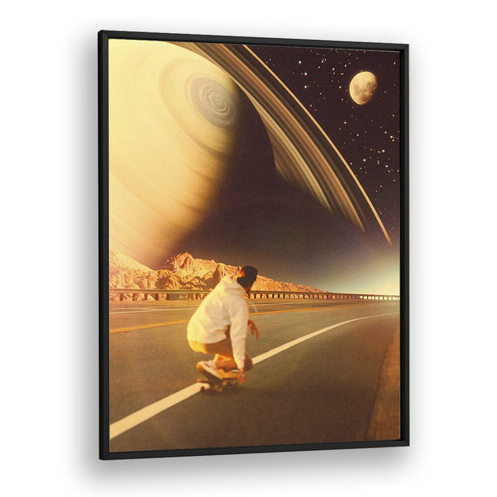 Surreal art print "SPACE SK8E" by Taudalpoi features a skater in a cosmic landscape, perfect for modern decor.