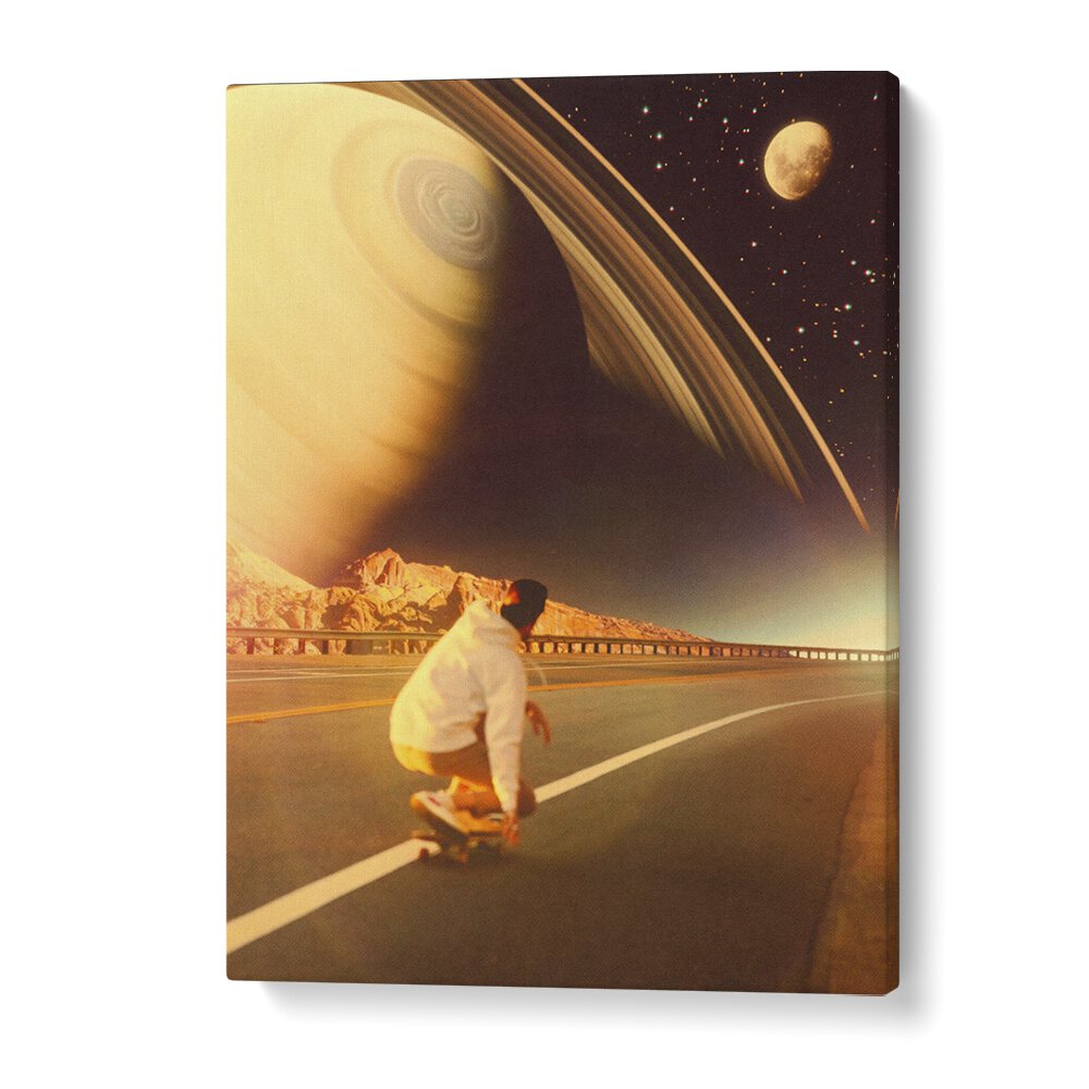 Skateboarder gliding toward a surreal cosmic landscape in SPACE SK8E, SURREAL ART PRINTS by Taudalpoi. Transform your space!