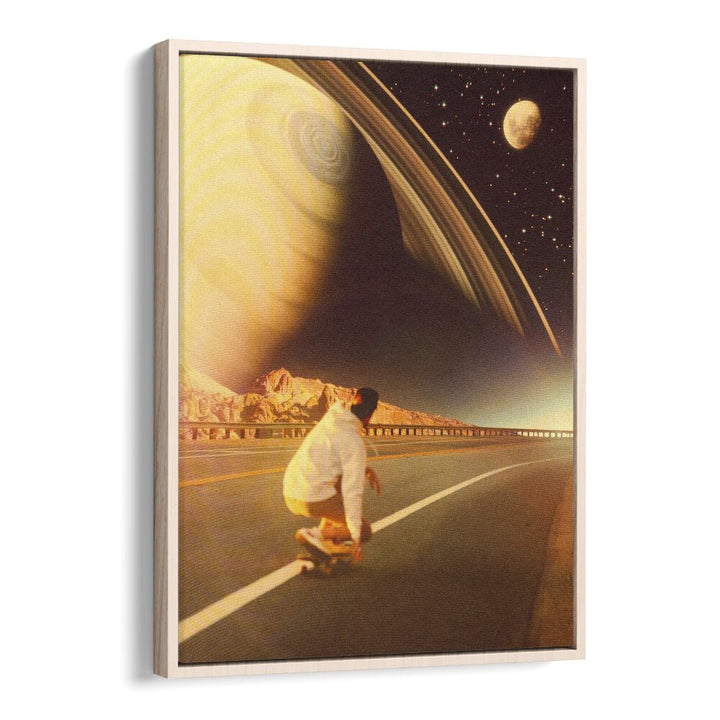 Skateboarder in a surreal landscape featuring planets, showcasing SPACE SK8E, SURREAL ART PRINTS by Taudalpoi.