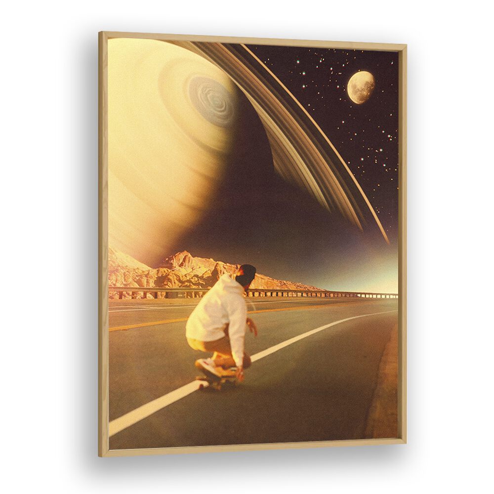 Surreal art print "SPACE SK8E" features a skater against a cosmic landscape, perfect for elevating your decor.