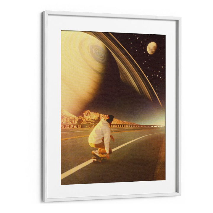 Skateboarder gliding under a surreal celestial backdrop, featuring SPACE SK8E, SURREAL ART PRINTS by Taudalpoi.