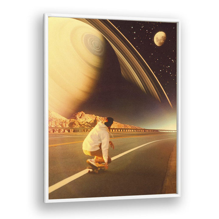 Explore the captivating SPACE SK8E, SURREAL ART PRINTS featuring a skater under a cosmic landscape by Taudalpoi.