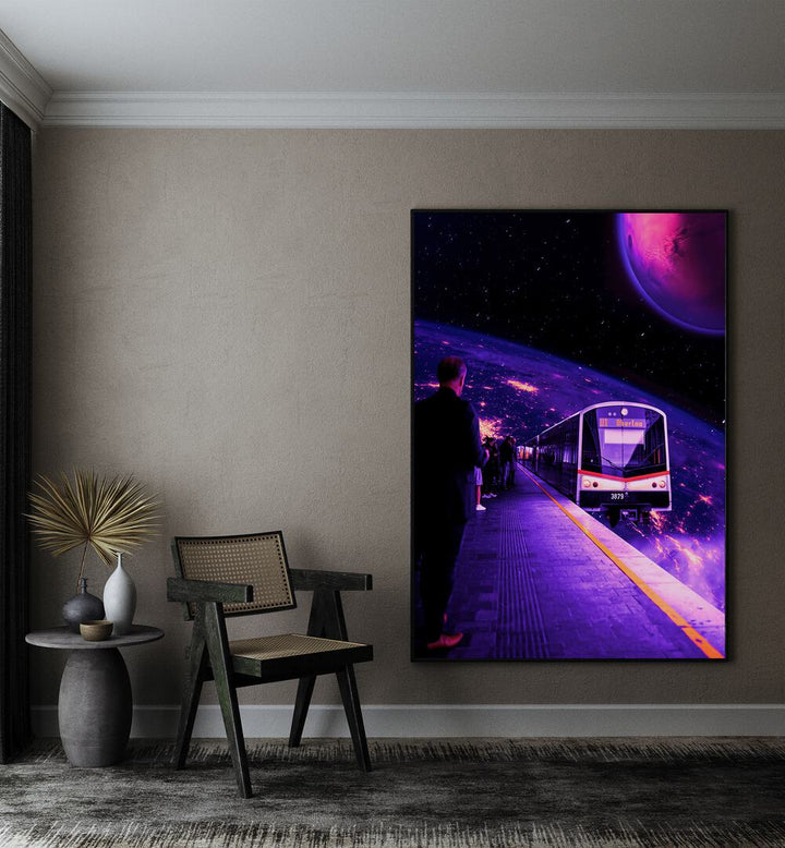 Surreal art print "SPACE TRAIN" by Ritvik Takkar, depicting a cosmic train station scene. Perfect for art lovers.