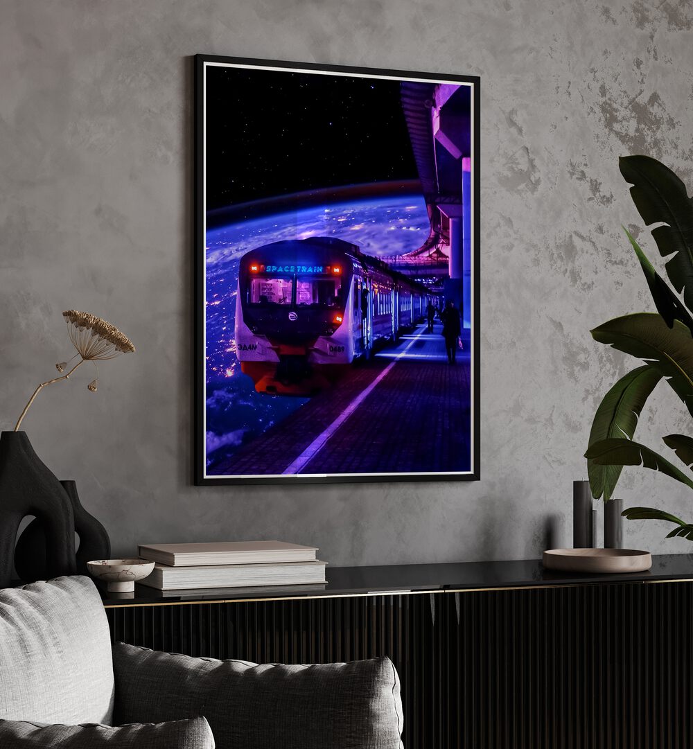 Transform your space with SPACE TRAIN II, SURREAL ART PRINTS by Ritvik Takkar, showcasing vibrant cosmic artistry.