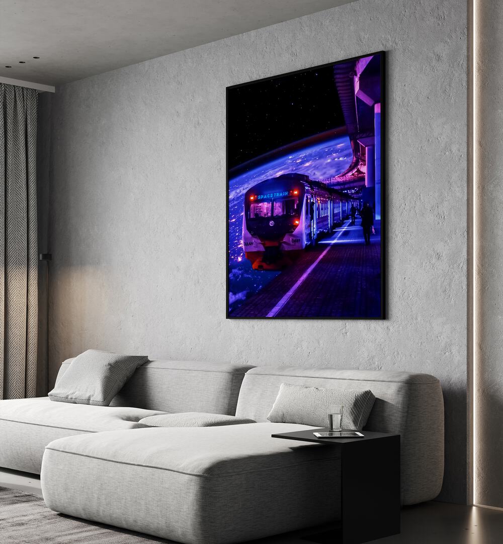 Explore the cosmos with SPACE TRAIN II, SURREAL ART PRINTS by Ritvik Takkar, a stunning canvas for your space.