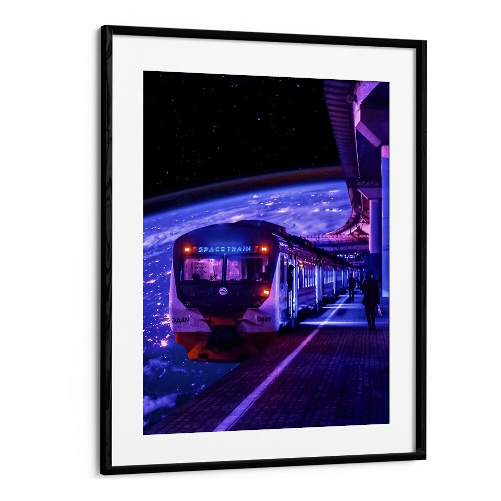 Explore the cosmos with SPACE TRAIN II, SURREAL ART PRINTS by Ritvik Takkar, framed for a stunning visual impact.