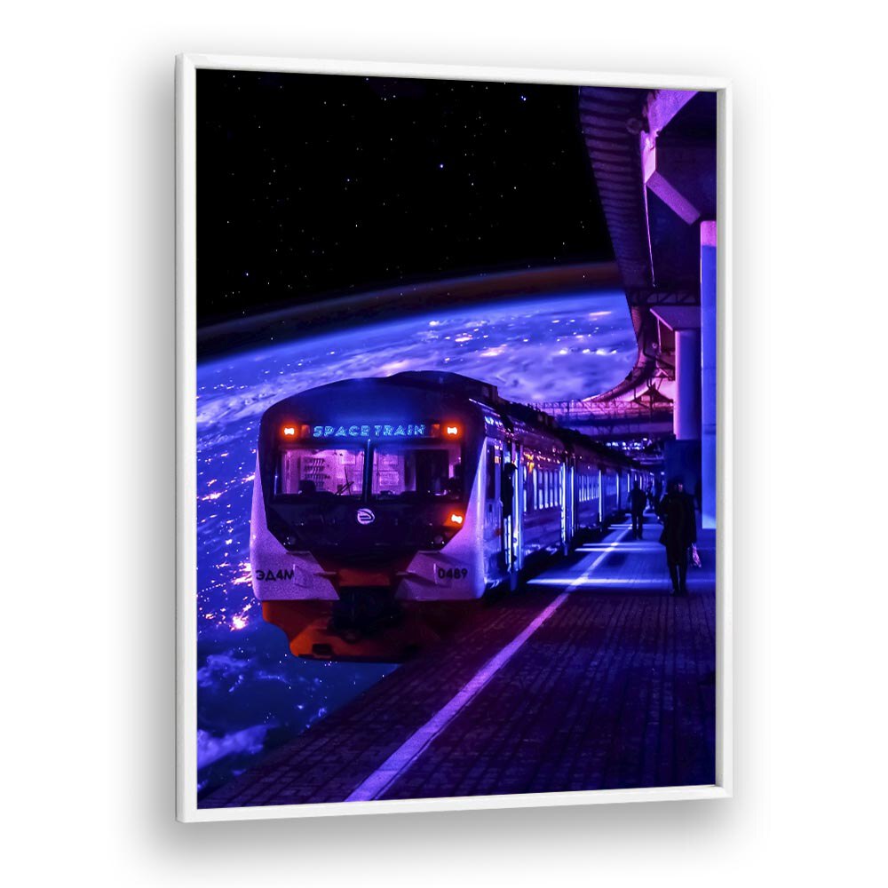 SPACE TRAIN II, SURREAL ART PRINTS by Ritvik Takkar features a train amid a surreal cosmic backdrop.