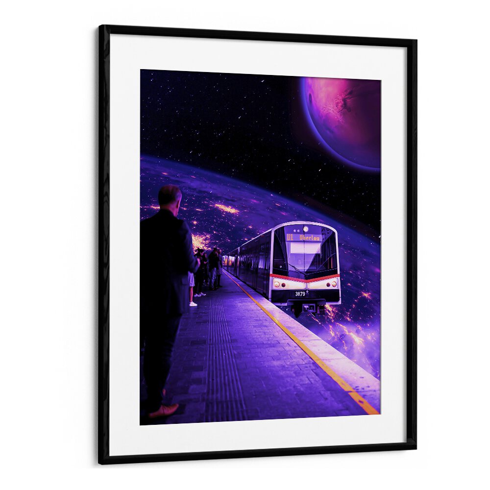 Surreal art print "SPACE TRAIN" by Ritvik Takkar captures a cosmic journey in vibrant colors and intricate details.