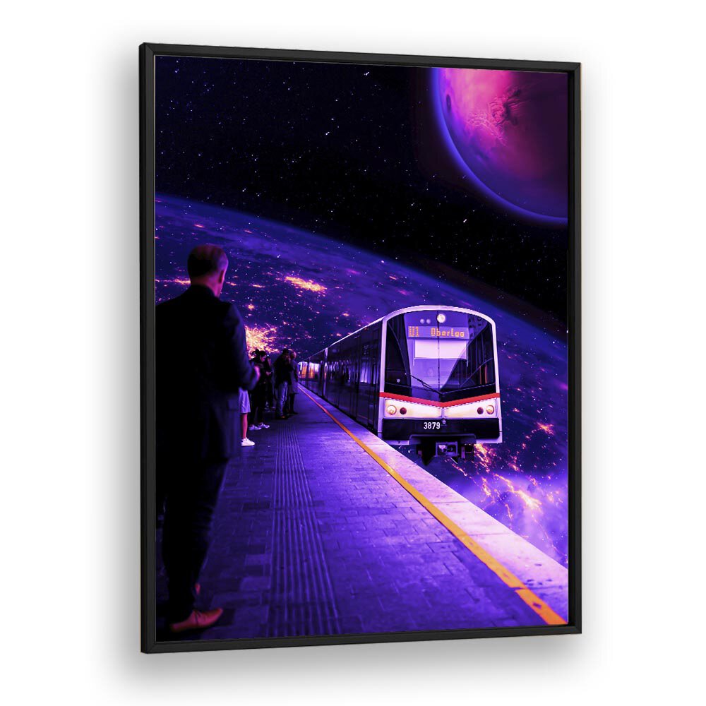 Surreal art print "SPACE TRAIN" by Ritvik Takkar showcases a cosmic journey through vibrant space scenery.