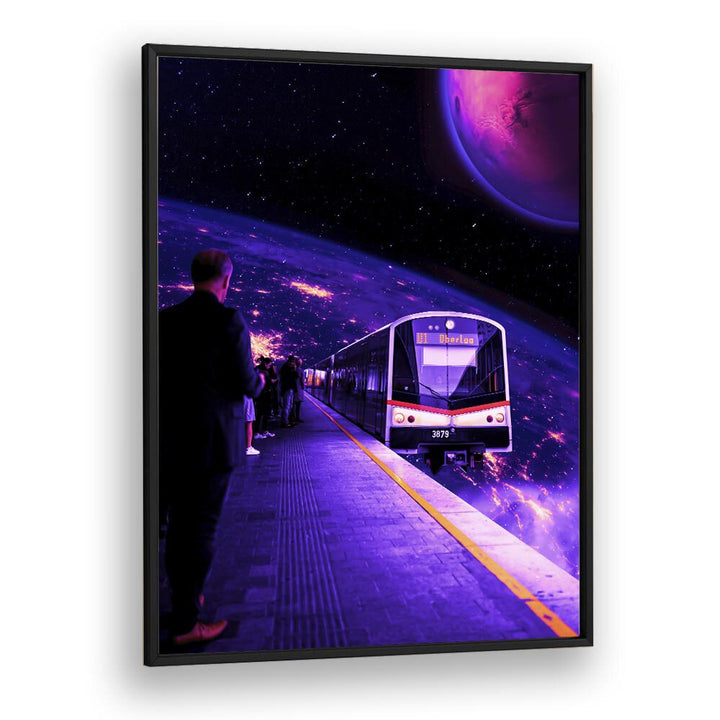 Surreal art print "SPACE TRAIN" by Ritvik Takkar showcases a cosmic journey through vibrant space scenery.