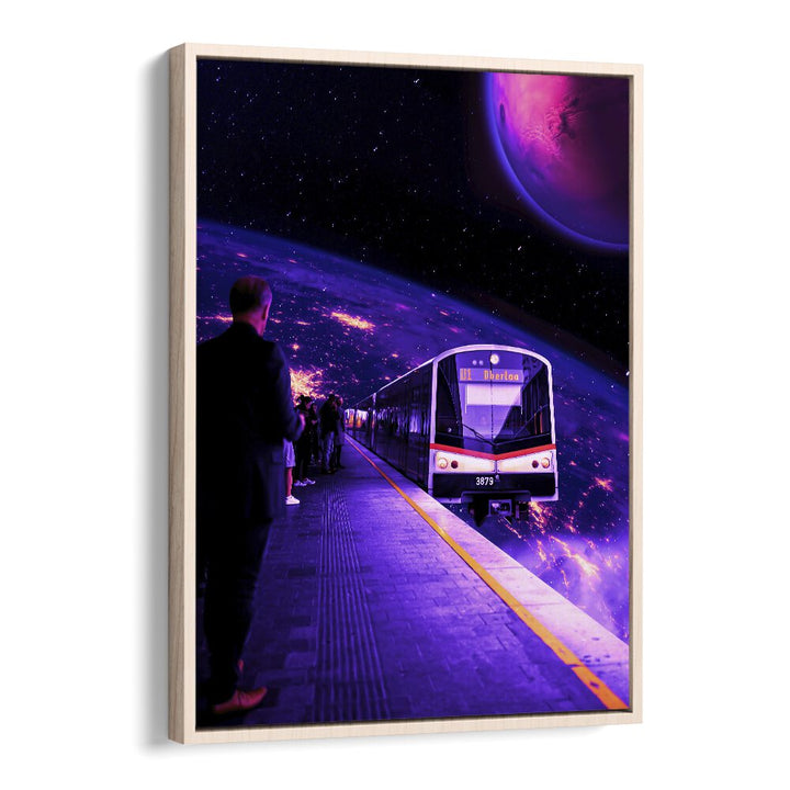 Surreal art prints featuring the "Space Train" by Ritvik Takkar, blending cosmic elements with urban scenery.