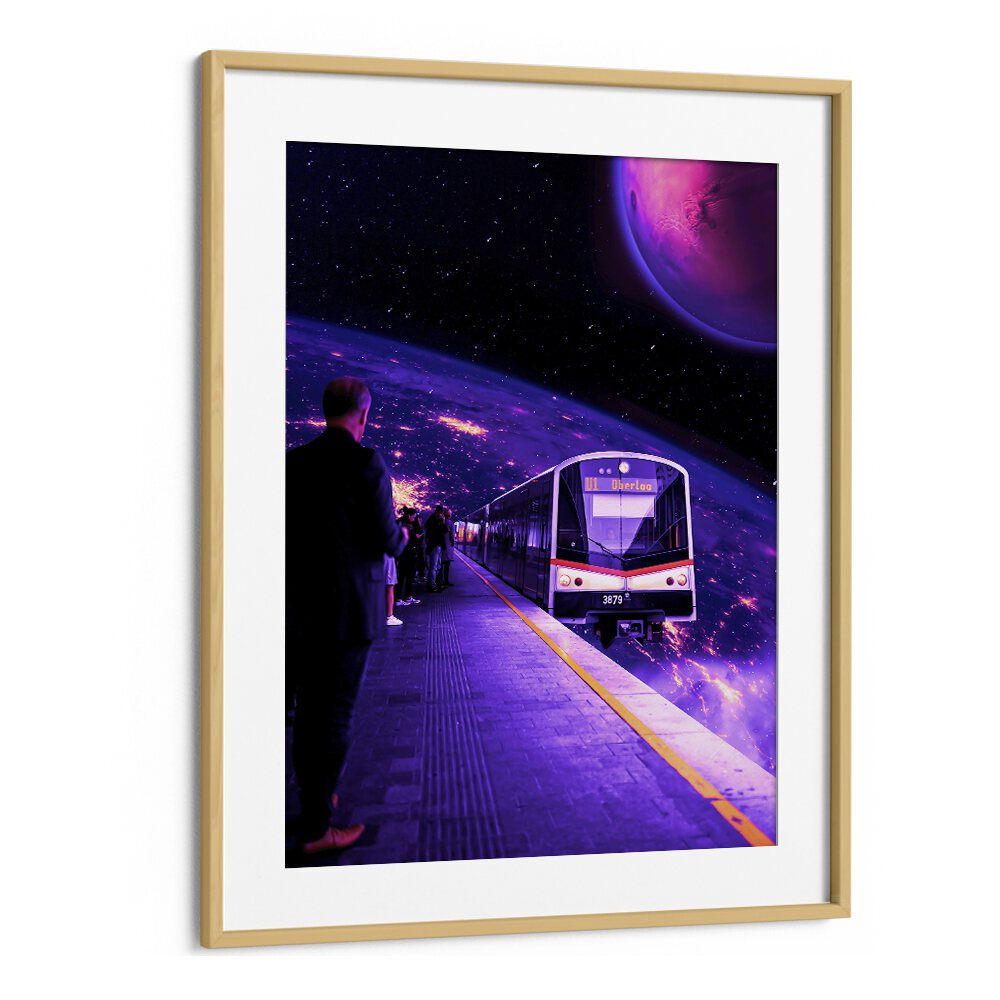 Surreal art print "SPACE TRAIN" by Ritvik Takkar, featuring a cosmic train scene in a framed design.