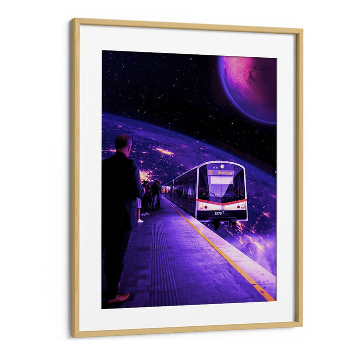 Surreal art print "SPACE TRAIN" by Ritvik Takkar, featuring a cosmic train scene in a framed design.