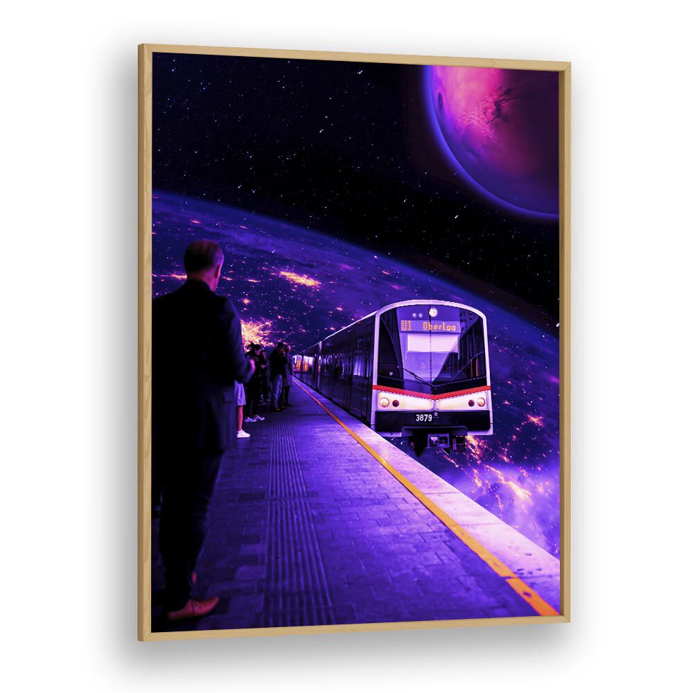 Explore the cosmos with the "SPACE TRAIN, SURREAL ART PRINTS" by Ritvik Takkar, a stunning journey through space.