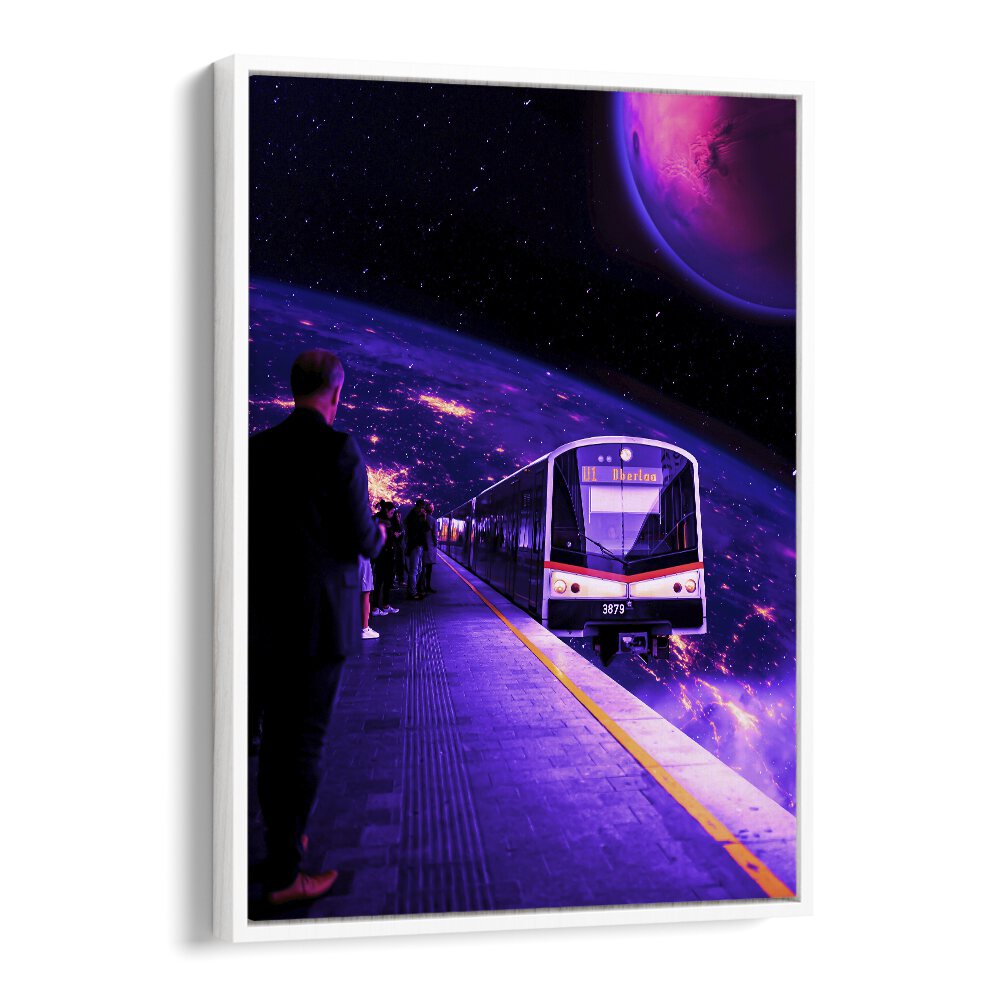 Surreal art print "SPACE TRAIN" by Ritvik Takkar, featuring a cosmic train scene in vibrant colors.