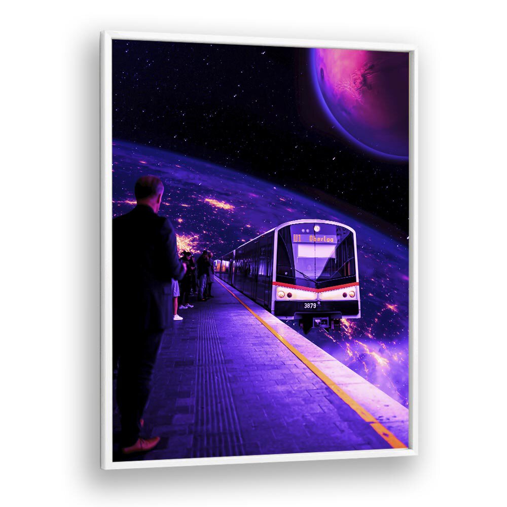 Surreal art print "Space Train" by Ritvik Takkar, featuring a cosmic train journey in vibrant colors. Perfect for collectors.