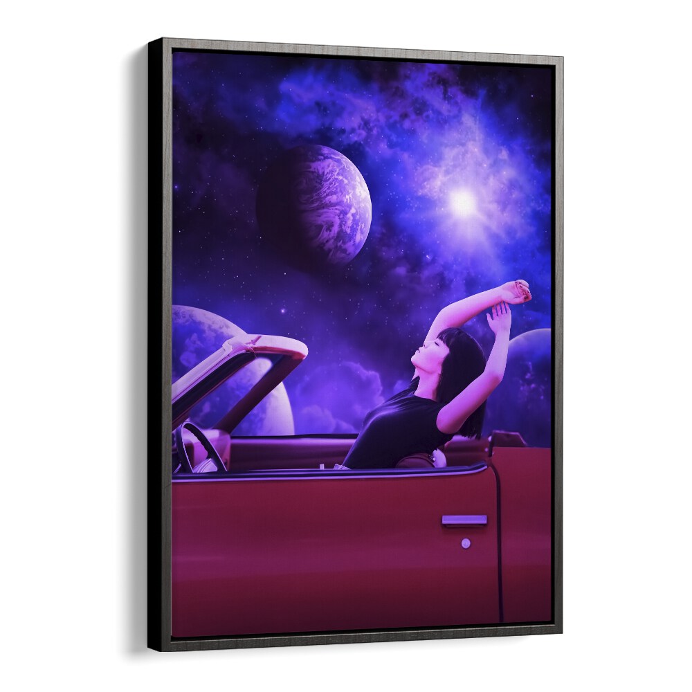 Surreal art print "SPACE TRIP" by Ritvik Takkar features a cosmic scene with a woman in a red car.