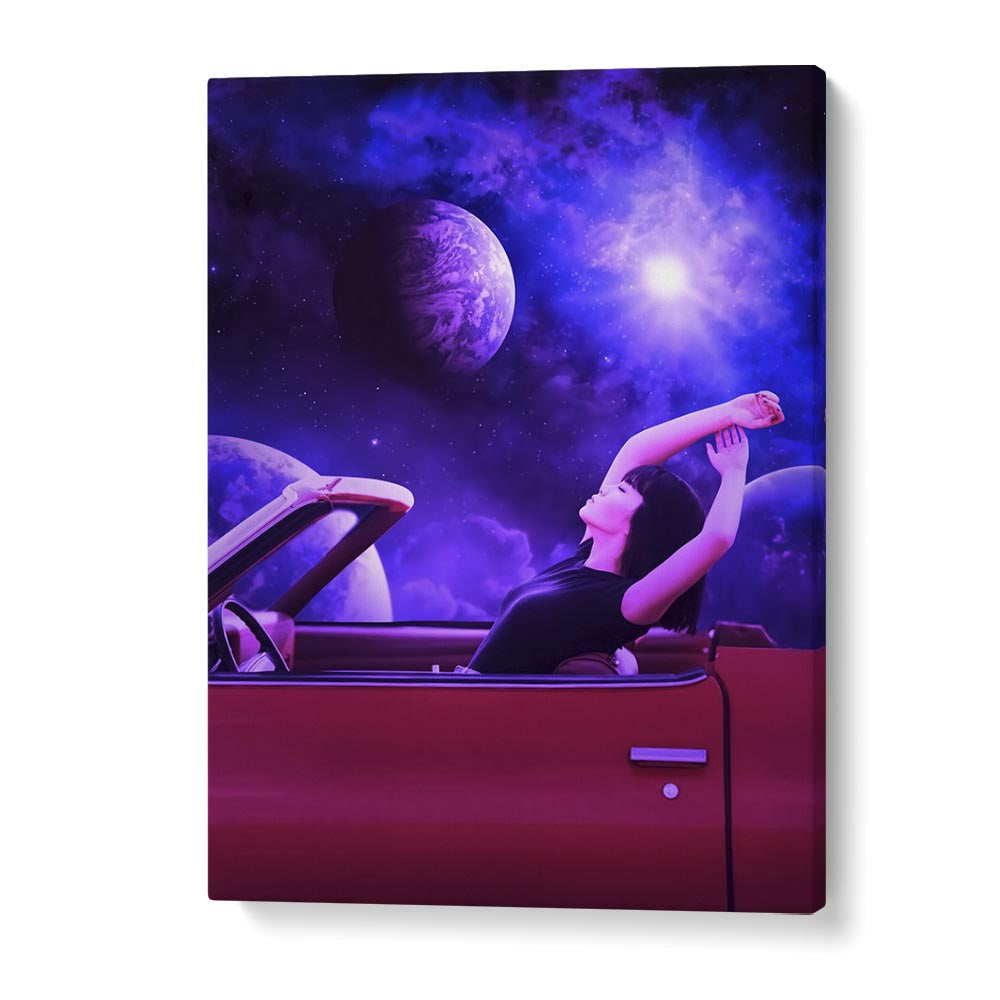 Surreal art print "SPACE TRIP" by Ritvik Takkar, featuring a dreamy cosmic scene with vibrant colors.
