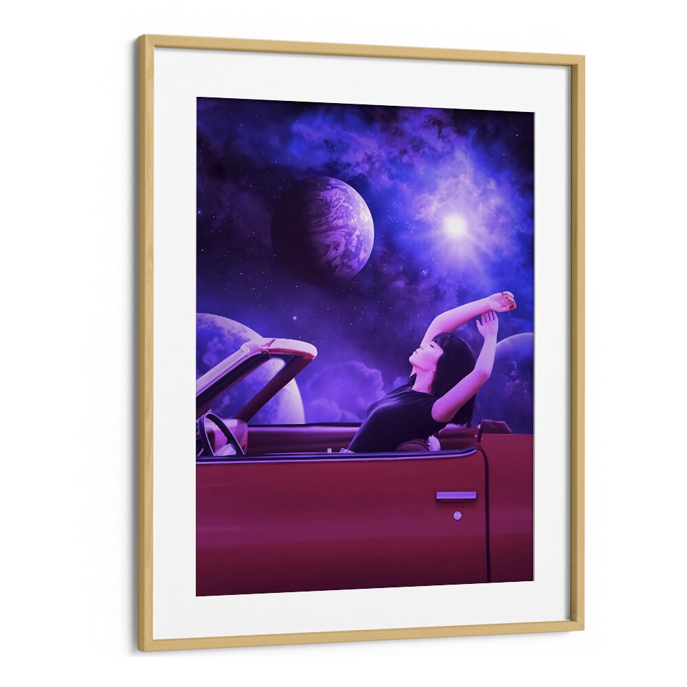Surreal art print "SPACE TRIP" by Ritvik Takkar features a cosmic scene in an elegant oak frame.