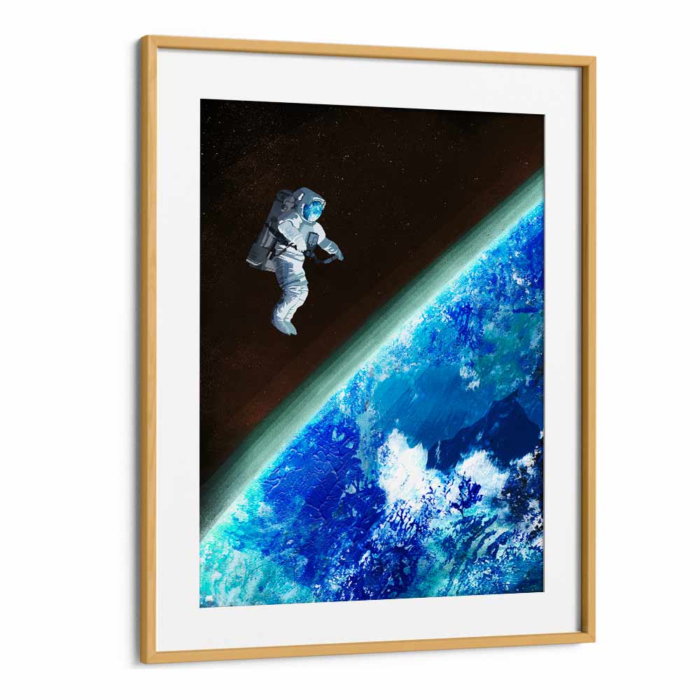 Astronaut floating above Earth in a vibrant design, perfect for a SPACE WALK, FANTASY theme by Goed Blauw.