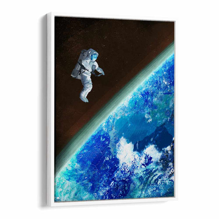 Astronaut floating over Earth in vibrant colors, showcasing the SPACE WALK, FANTASY poster by Goed Blauw.
