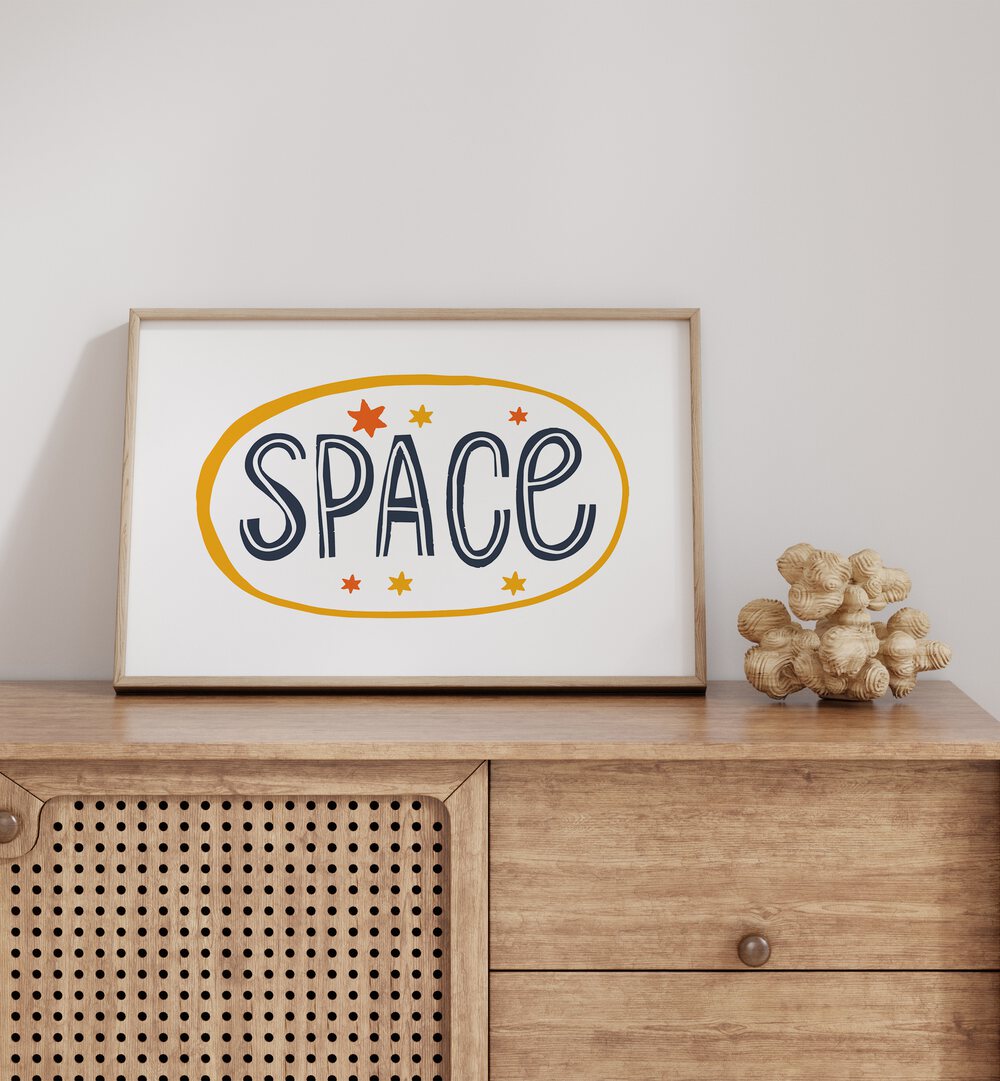 Framed "SPACE" art print on a wooden dresser, perfect for your SPACE GALLERY WALL or GALLERY WALLS collection.