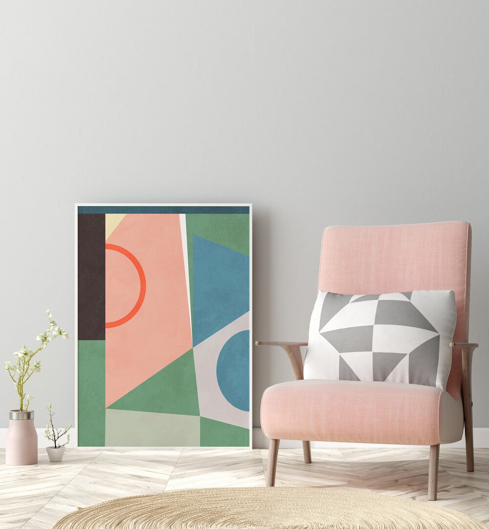 Transform your decor with SPACES 2020 II, ABSTRACT PAINTINGS by Ana Rut Bre, featuring vibrant geometric shapes.