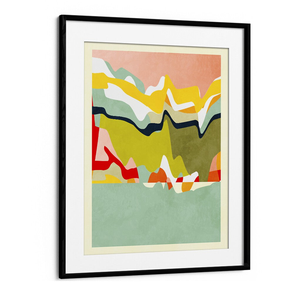 Colorful abstract painting titled SPACES LANDSCAP, ABSTRACT PAINTINGS by Ana Rut Bre in a sleek black frame.