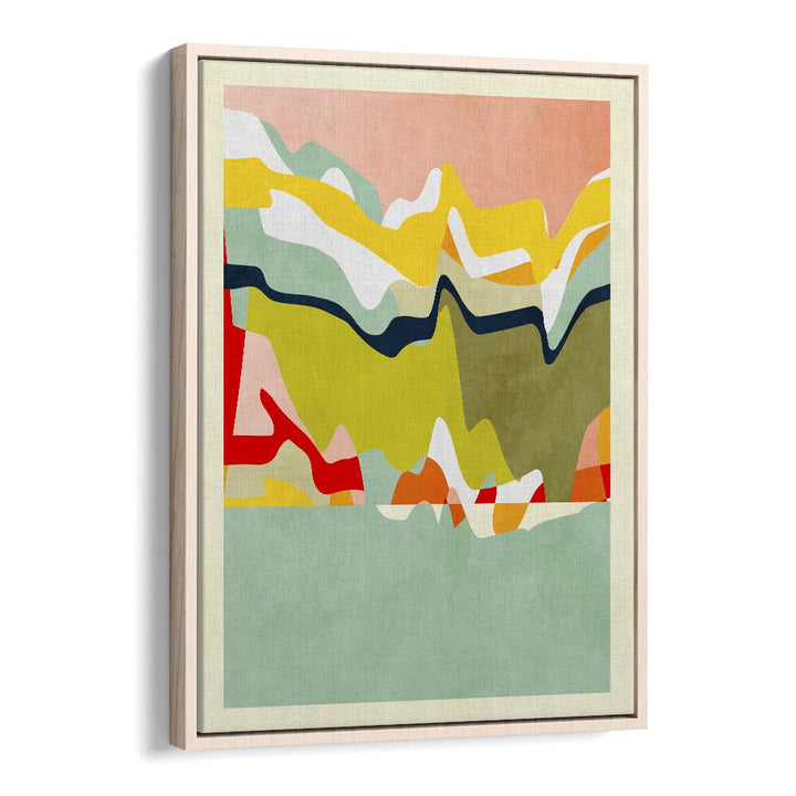 Colorful SPACES LANDSCAP, ABSTRACT PAINTINGS by Ana Rut Bre, featuring vibrant shapes and forms in a wooden frame.