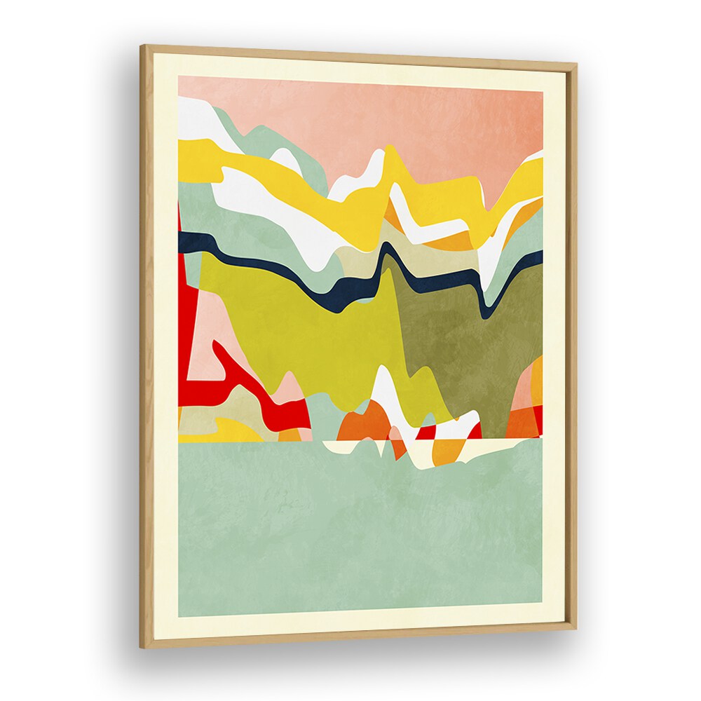 Colorful abstract painting titled SPACES LANDSCAP, ABSTRACT PAINTINGS by Ana Rut Bre in a sleek oak frame.