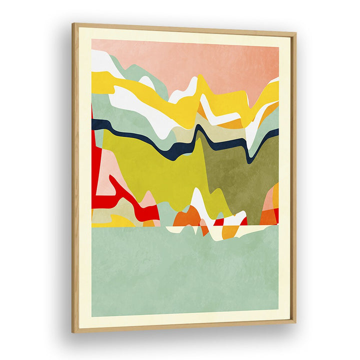 Colorful abstract painting titled SPACES LANDSCAP, ABSTRACT PAINTINGS by Ana Rut Bre in a sleek oak frame.