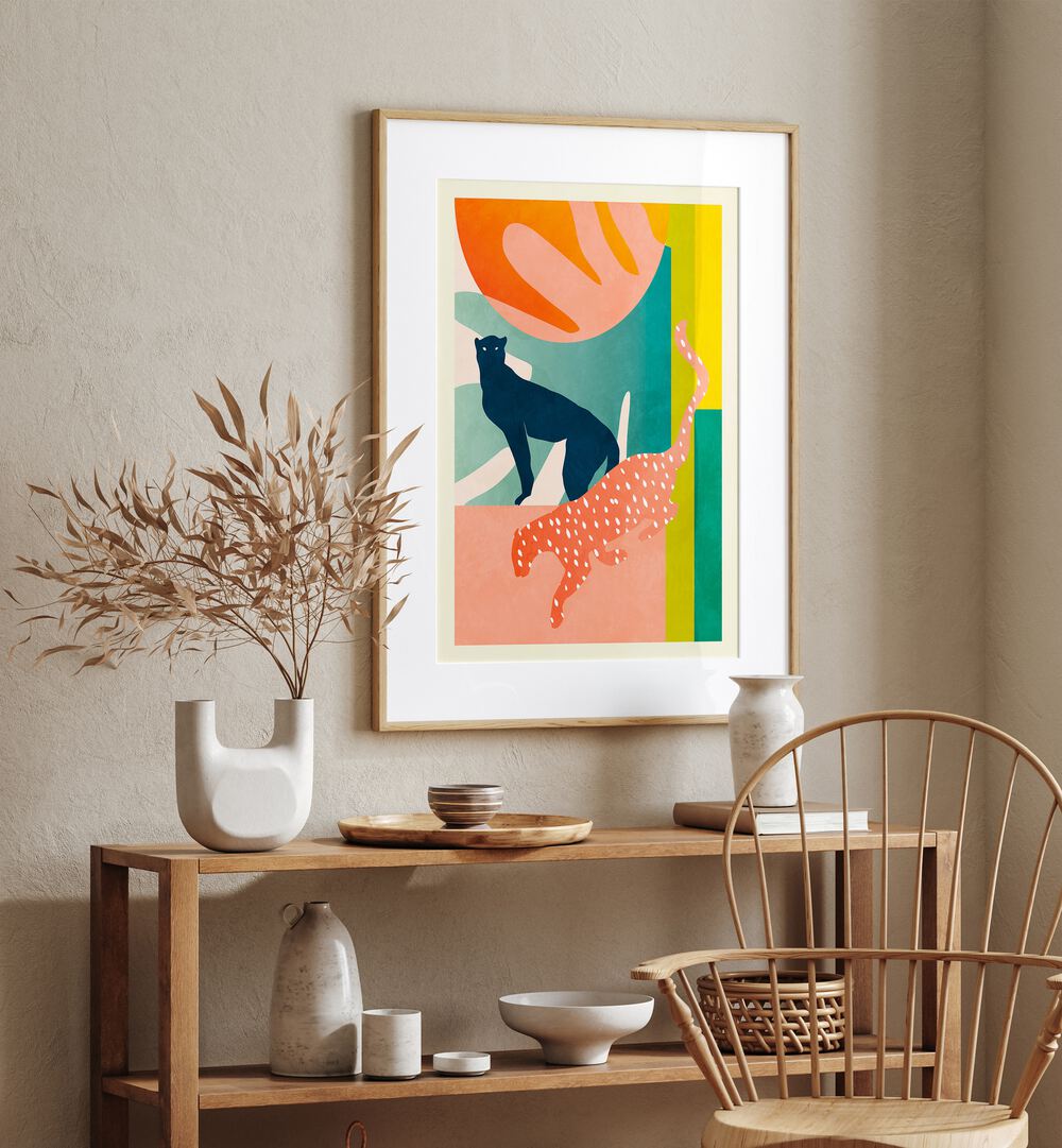 Bright abstract painting featuring playful cats, part of SPACES LEO KOPIE, ABSTRACT PAINTINGS collection by Ana Rut Bre.