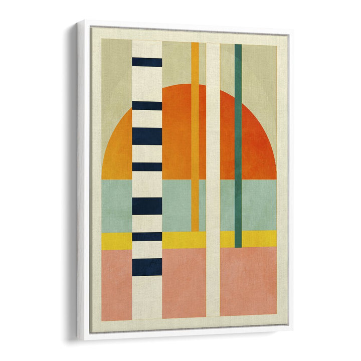 Colorful geometric design in a float frame, showcasing SPACES II, ABSTRACT PAINTINGS by Ana Rut Bre for creative spaces.