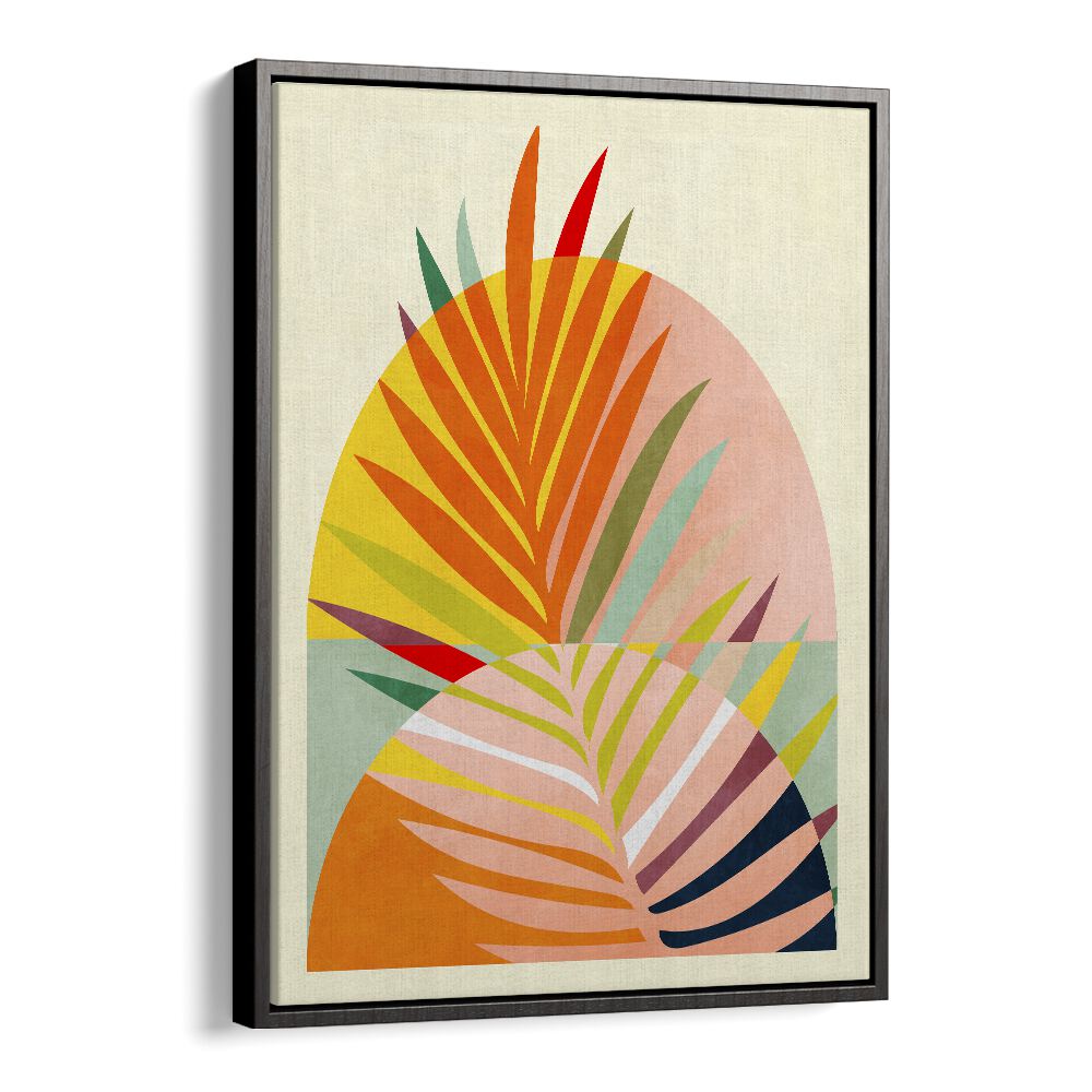 Colorful geometric design featuring palm leaves in SPACES III, ABSTRACT PAINTINGS by Ana Rut Bre, framed for modern decor.
