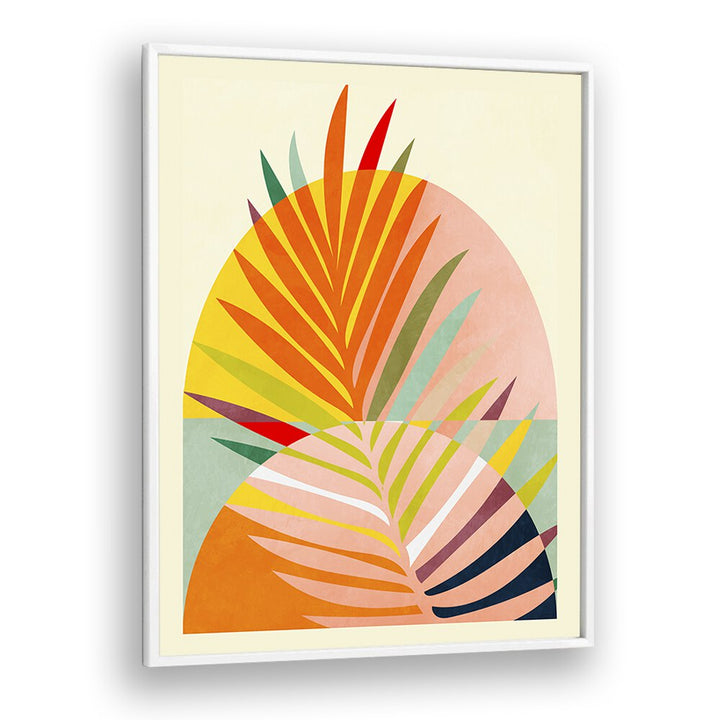Vibrant SPACES III, ABSTRACT PAINTINGS by Ana Rut Bre features colorful leaf designs in a modern white frame.