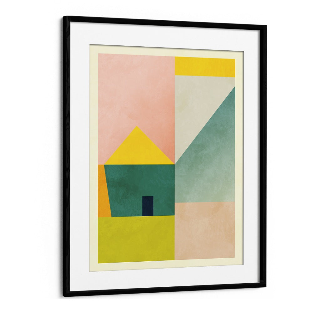 Colorful geometric design of SPACES III HAUS, ABSTRACT PAINTINGS by Ana Rut Bre, framed wall art for modern decor.