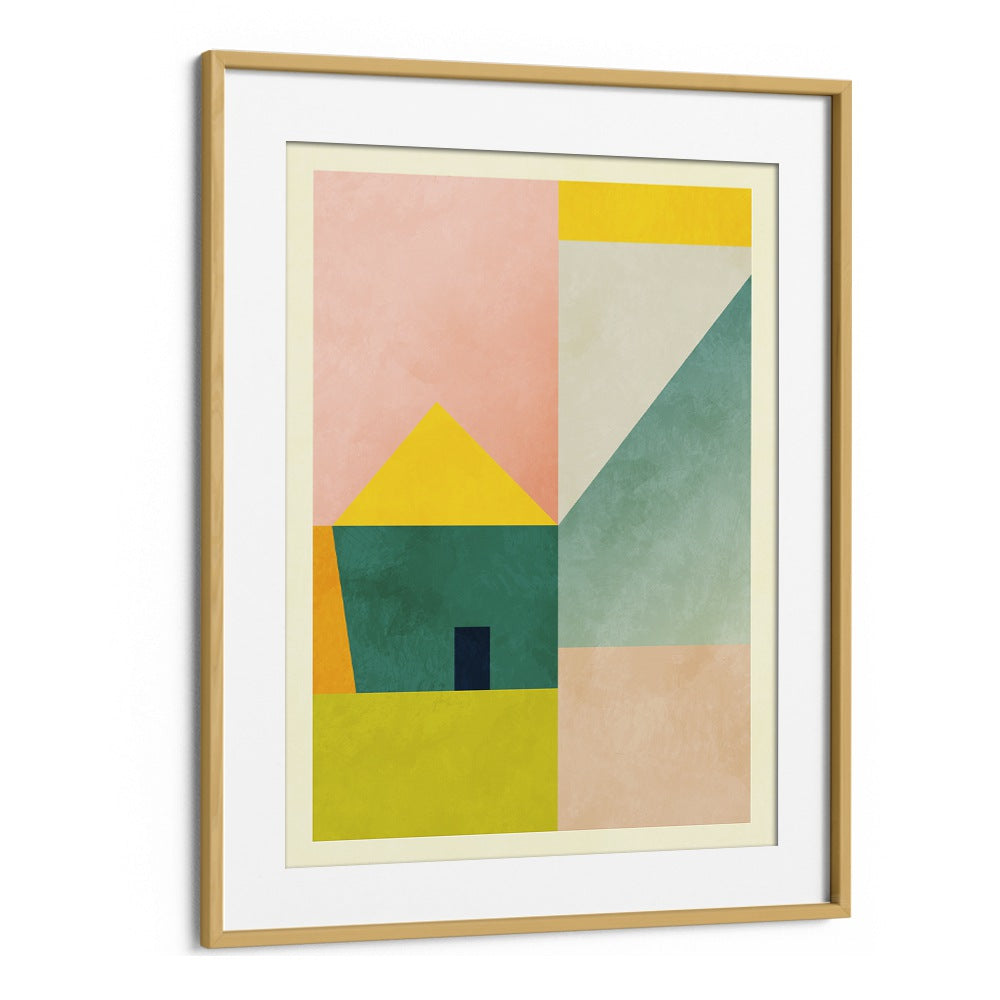 Colorful abstract painting "SPACES III HAUS" by Ana Rut Bre, framed in oak, perfect for modern wall art decor.