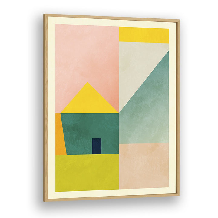 SPACES III HAUS, ABSTRACT PAINTINGS by Ana Rut Bre features vibrant geometric shapes in an elegant frame.