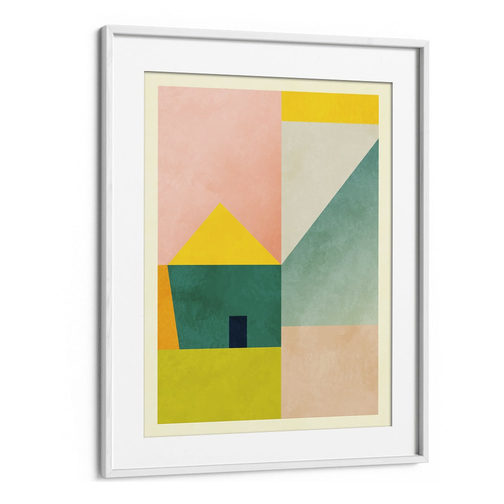 Colorful geometric design of SPACES III HAUS, ABSTRACT PAINTINGS by Ana Rut Bre, framed for modern art lovers.