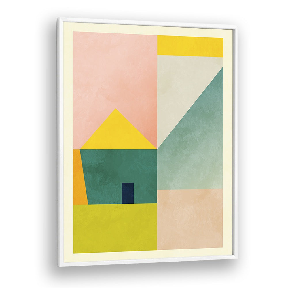 Colorful geometric design featuring SPACES III HAUS, a captivating abstract painting by Ana Rut Bre. Perfect for modern decor.