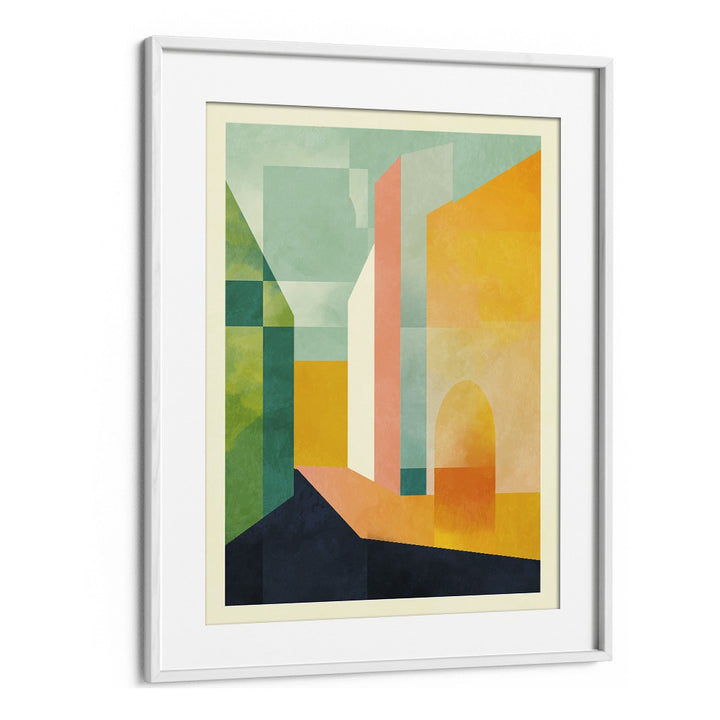 Bright and colorful geometric design in white frame, showcasing SPACES III TOWN, ABSTRACT PAINTINGS by Ana Rut Bre.