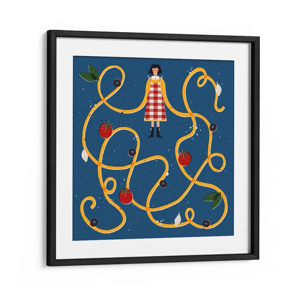 Colorful Spaghetti Sleeves, Kitchen Art Prints by Julia Leister, featuring vibrant pasta-themed design in a black frame.