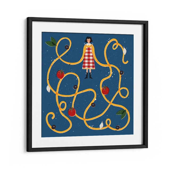 Colorful Spaghetti Sleeves, Kitchen Art Prints by Julia Leister, featuring vibrant pasta-themed design in a black frame.