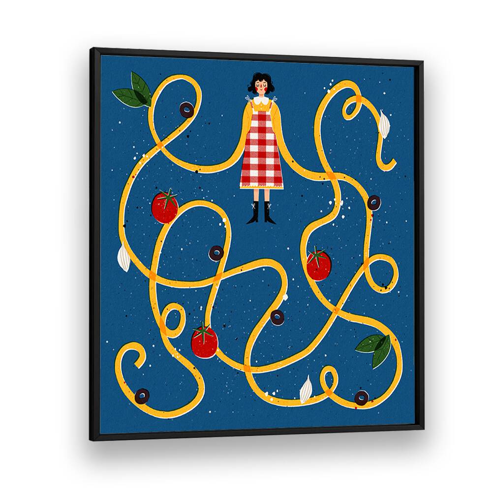 Colorful Spaghetti Sleeves, Kitchen Art Prints by Julia Leister, featuring vibrant pasta and tomatoes on blue background.