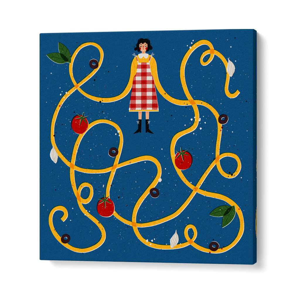Colorful Spaghetti Sleeves, Kitchen Art Prints by Julia Leister showcase whimsical pasta elements in vibrant design.